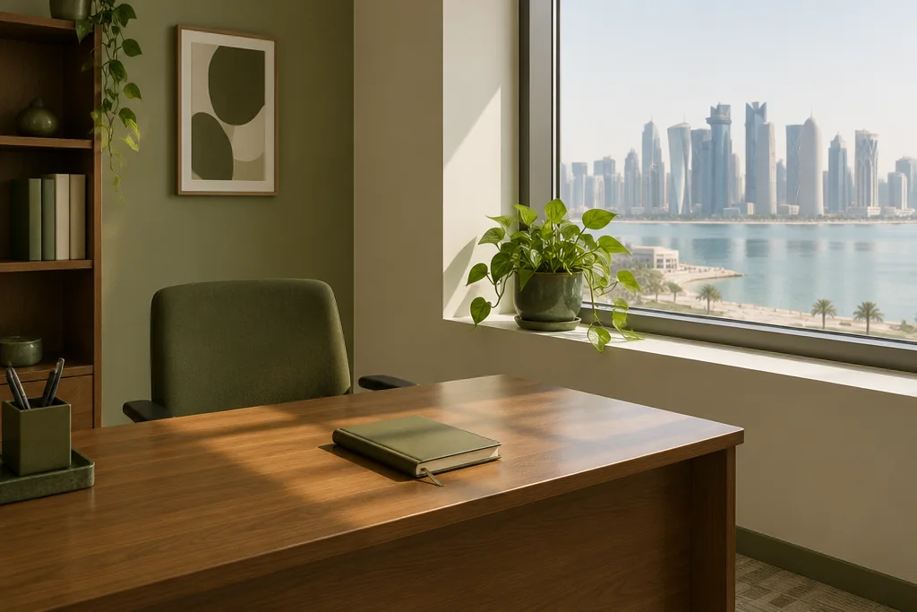 A quiet office desk by a window with a plant on the sill