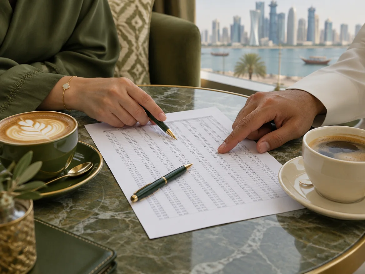 An owner and a consultant reading a one-page sheet of numbers at a cafe table